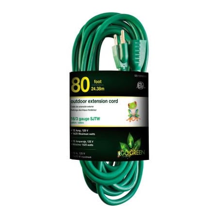 Gogreen SJTW Extension Cord, 16 AWG, Outdoor, 16/3, 1 Outlets, Green, 80 ft GG-13780GN